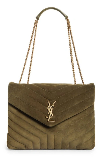 Saint Laurent Loulou Medium Ysl Monogram Suede Flap Shoulder Bag In Green