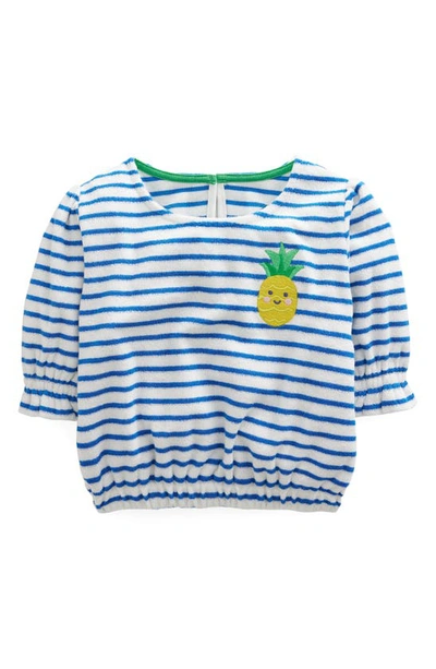 Boden Kids' Stripe Embroidered Terry Top In Blue/ivory Pineapple