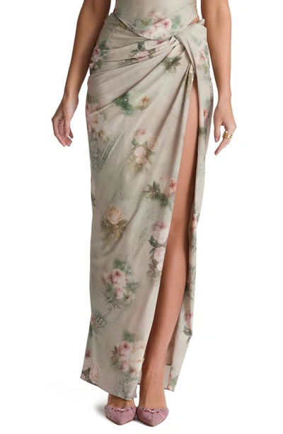 House Of Cb Gathered Side Vent Maxi Skirt In Print 2 Flower Cream