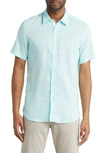 Hugo Boss Ross Slim Fit Short Sleeve Linen Blend Button-up Shirt In Open Green