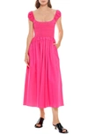 La Ligne Smock Bodice Cap Sleeve Cotton Dress In Hot Pink