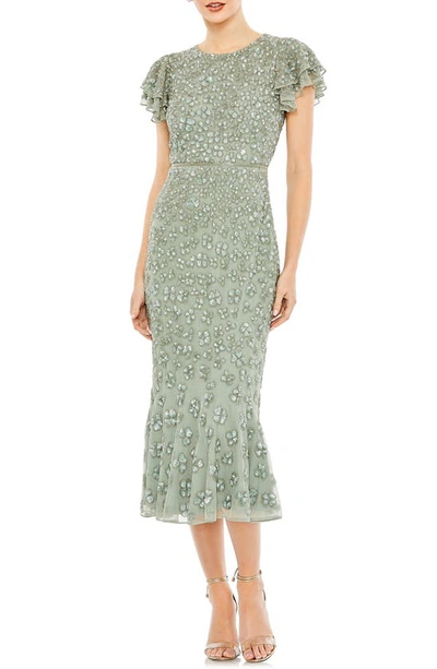 Mac Duggal Beaded Ruffle Sleeve Midi Cocktail Dress In Sage