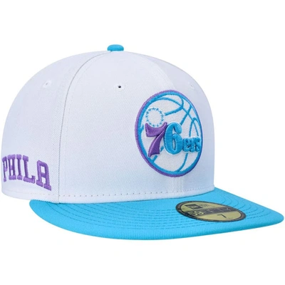 New Era White Philadelphia 76ers Vice Blue Side Patch 59fifty Fitted Hat