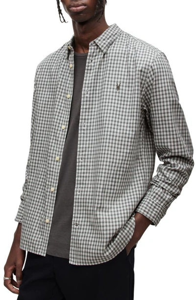 Allsaints Mens Off White Varmo Checked Ramskull-embroidered Cotton Shirt