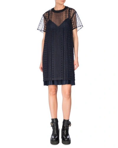 Sacai Short-sleeve Cable Lace Dress, Navy