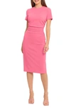 Maggy London Ruched Short Sleeve Midi Dress In Hot Pink