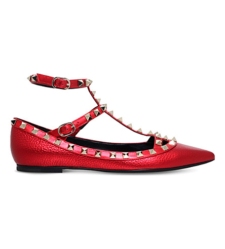 Valentino Garavani Rockstud Leather Ballet Pumps In Red | ModeSens
