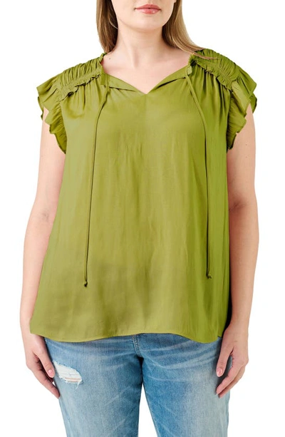 Dr2 By Daniel Rainn Satin Ruffe Split Neck Top In Kiwi