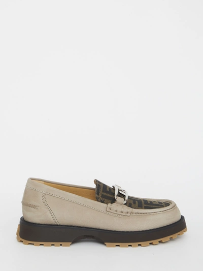Fendi Brown Olock Nubuck Loafers With Logo Motif In Calf Leather And Cotton Man