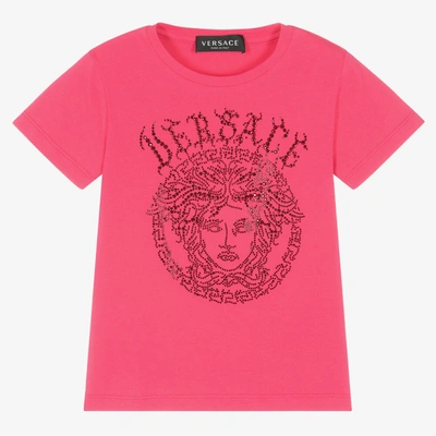 Versace Kids' Girls Pink Cotton Rhinestone Logo T-shirt