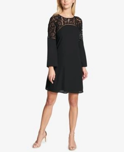 Kensie Bell-sleeve & Lace Shift Dress In Black
