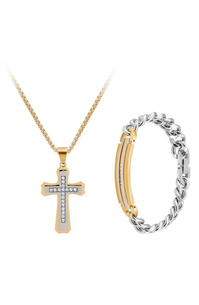 American Exchange Goldtone Plated Stainless Steel Diamond Cross Necklace & Bracelet 2-piece Set In Gold/ Silver