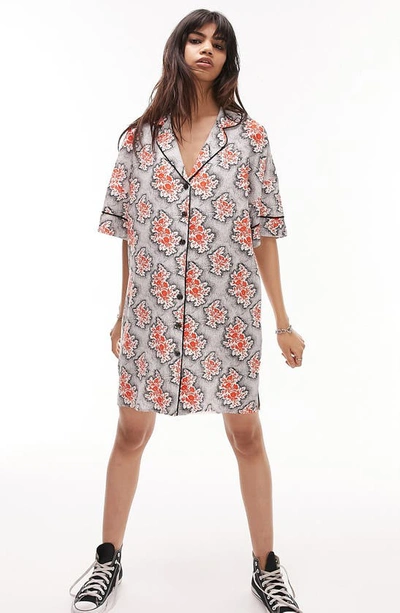 Topshop Souvenir Shirt Dress In Red And Black Floral