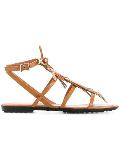 Tod's Fringed Leather Sandals With Logo In Brown