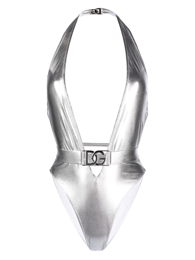 Dolce & Gabbana Embellished Metallic Halterneck Swimsuit In Silver