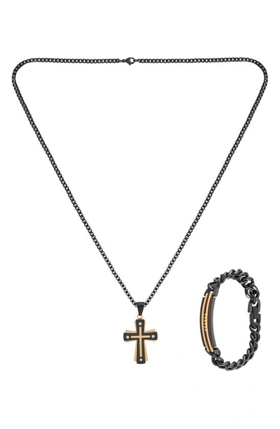 American Exchange Goldtone Plated Stainless Steel Diamond Cross Necklace & Bracelet 2-piece Set In Gun/ Gold