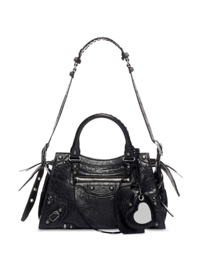 Balenciaga Elegant Black Leather Handbag With Metallic Details And Removable Pouch