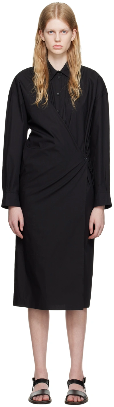 Lemaire Black Straight Collar Twisted Midi Dress In Nero