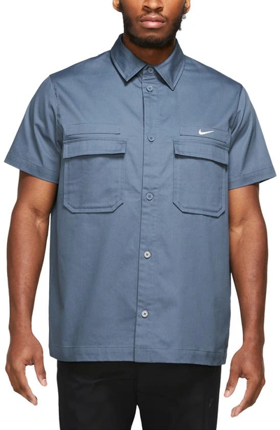 Nike Men's Life Woven Military Short-sleeve Button-down Shirt In Diffused Blue/ White