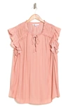 Dr2 By Daniel Rainn Satin Ruffe Split Neck Top In Petal Pink