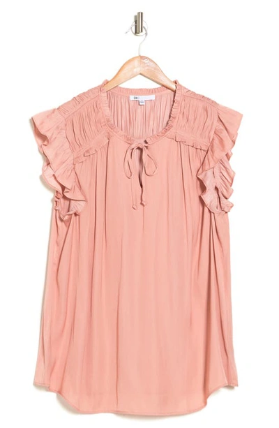 Dr2 By Daniel Rainn Satin Ruffe Split Neck Top In Petal Pink