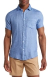 Report Collection Linen Garment Dyed Short Sleeve Button-up Shirt In Chambray