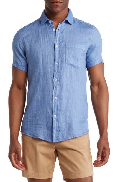 Report Collection Linen Garment Dyed Short Sleeve Button-up Shirt In Chambray