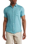 Report Collection Linen Garment Dyed Short Sleeve Button-up Shirt In Teal