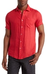 Report Collection Linen Garment Dyed Short Sleeve Button-up Shirt In Cherry