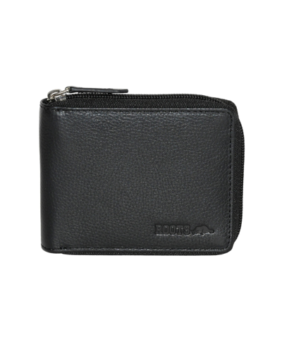 Roots Leather Zip Around Coin Wallet With Rfid Protection In Black