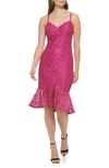 Guess Lace Flounce Midi Dress In Fucshia