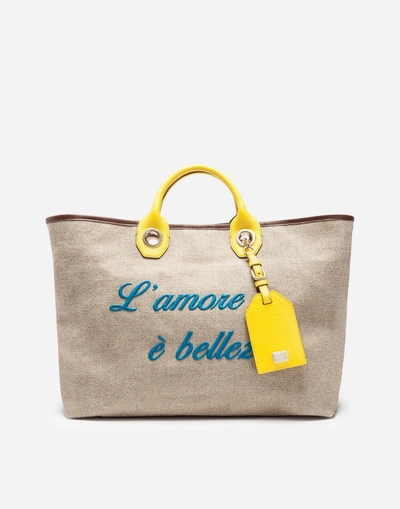 Dolce & Gabbana Shopping Bag In Fabric With Printed Calfskin Embroidery And Trim In Multicolor