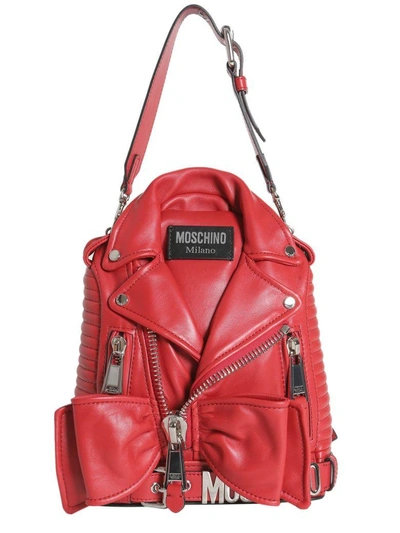 Moschino Small Leather Moto Jacket Backpack In Burgundy