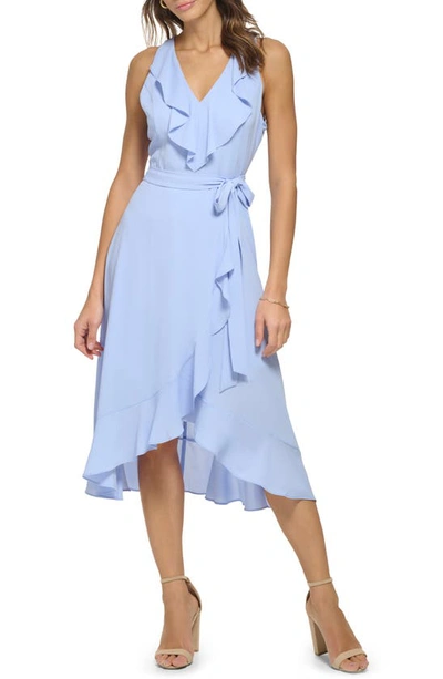 Kensie Ruffle Trim Faux Wrap Dress In Perri Blue