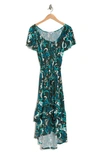 Velvet Torch Off-shoulder Floral Print Tiered Midi Dress In Green Geo