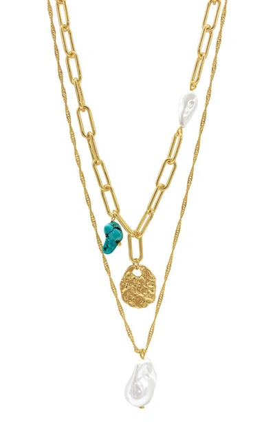 Adornia 14k Gold Plate Imitation Pearl & Turquoise Bead Necklace