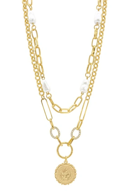 Adornia Imitation Pearl & Coin Pendant Water Resistant Layered Necklace In Gold