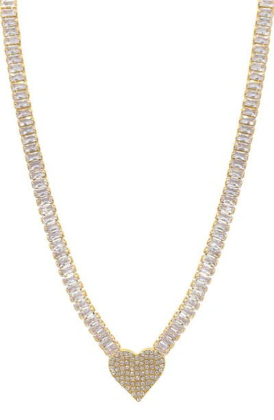 Adornia Crystal Heart Pendant Baguette Tennis Necklace In Gold