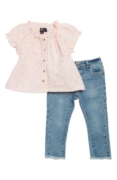 7 For All Mankind Babies' Kids' 2-piece Eyelet & Jeans Set In Shell