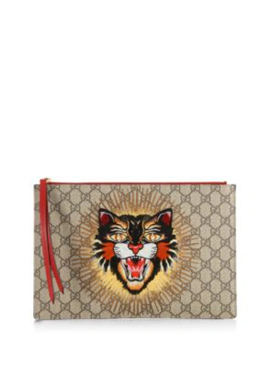 Gucci Sequin Angry Cat Gg Supreme Pouch In Beige