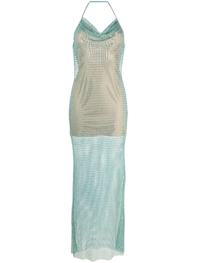 Self-portrait Crystal-embellished Fishnet Maxi Dress In Light Blue