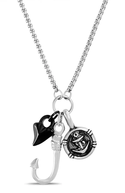 Nes Jewelry Nautica Shark Tooth, Fish Hook & Anchor Charm Necklace In Rhodium