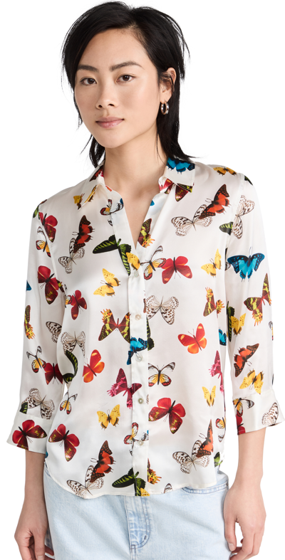 L Agence Dani Three Quarter Sleeve Butterfly Print Silk Blouse In White Multi Butterflies