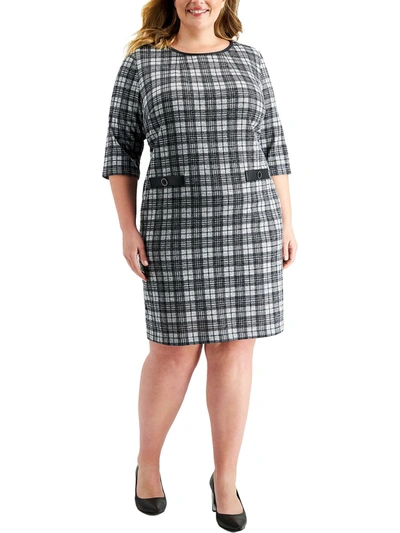 Connected Apparel Plus Womens Plaid Sheath Wear To Work Dress In Black