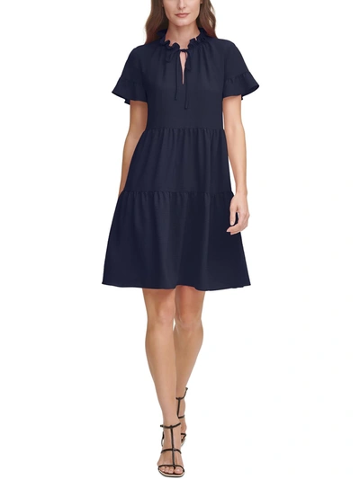 Dkny Womens Tiered Tie-neck Fit & Flare Dress In Blue