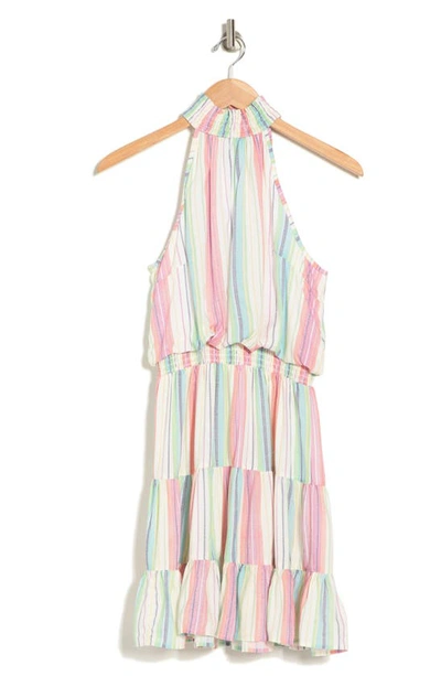 Angie Stripe Halter Neck Tiered Dress In Pink/ White Multi