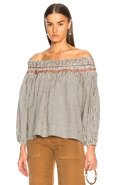 The Great Ruched Trim Off-the-shoulder Top In Gray,stripes