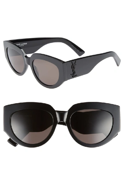 Saint Laurent Cat-eye Acetate Sunglasses W/ Ysl Pin, Black In Black/gray