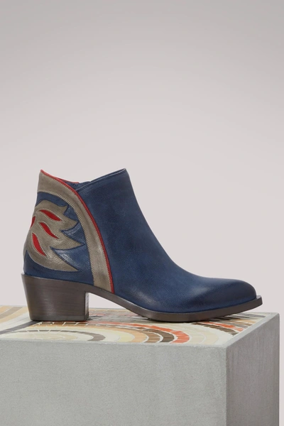 Sartore Flamm Leather Western Ankle Boots In Bleu/rosso