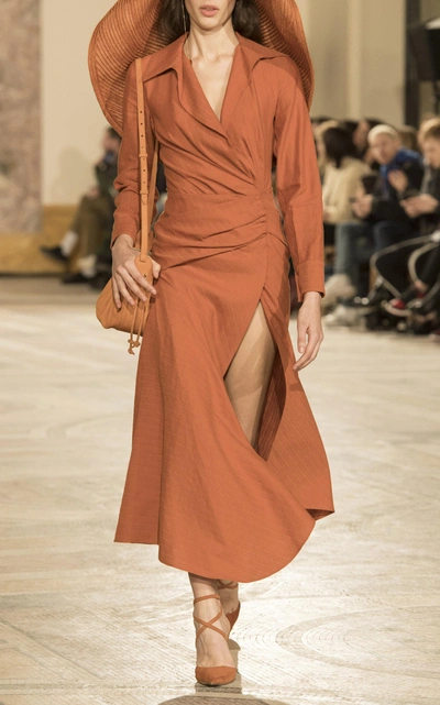 Jacquemus Sabah Draped Linen And Cotton-blend Shirt Dress  In Orange